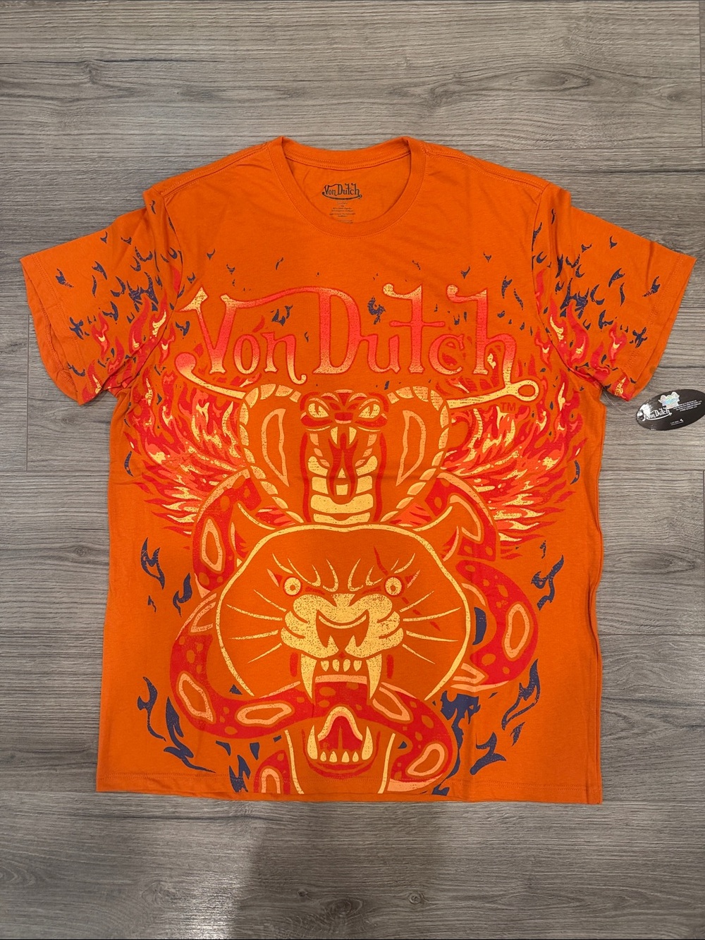 Von Dutch AOP Tiger Cobra Snake Flames Graphic Tee Men’s Size Extra Large